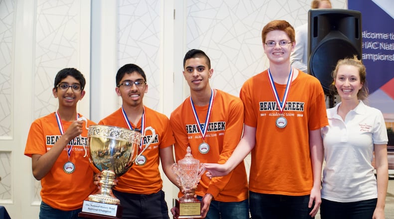 The Beavercreek High School Academic Team took top honors at the National History Bee and Bowl in Washington D.C. Pictured are Hari Parameswaran, William Todd, Tegan Kapadia, Arunn Sankar and advisor Ellen Spence. CONTRIBUTED