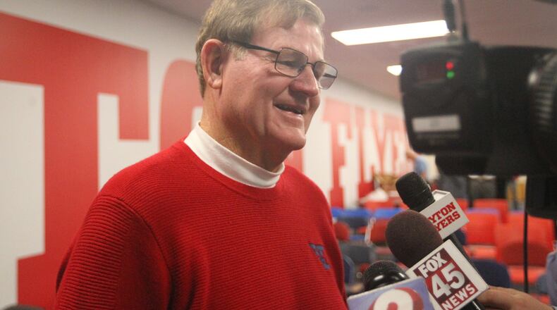 Dayton coach Mike Tucker talks to reporters after hearing the team’s name called on the NCAA selection show Monday, Nov. 7, 2016, at the Frericks Center. David Jablonski/Staff