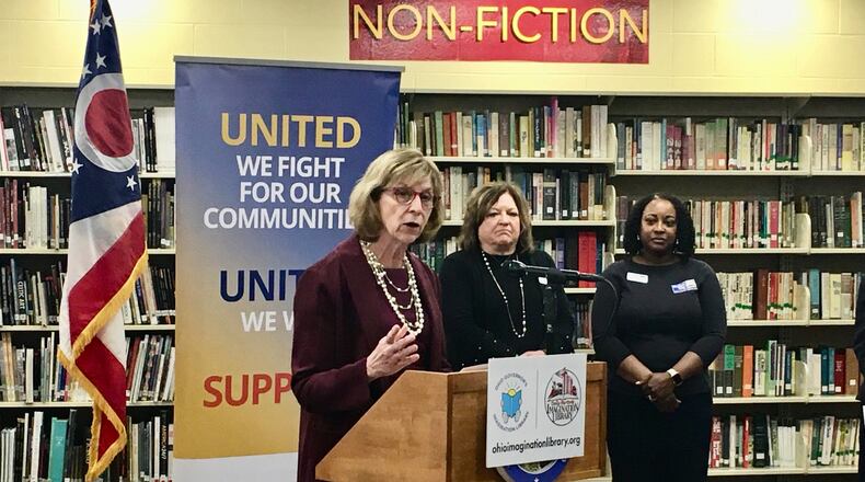 Ohio First Lady Fran DeWine will be inducted to the Greene County Women's Hall of Fame for her efforts to support Dolly Parton's Imagination Library in Ohio, among other accomplishments. Pictured is DeWine announcing an expansion of a state literacy program to include all of Butler County during her visit to Ross High School. (Photo By Michael D. Clark/Journal-News)