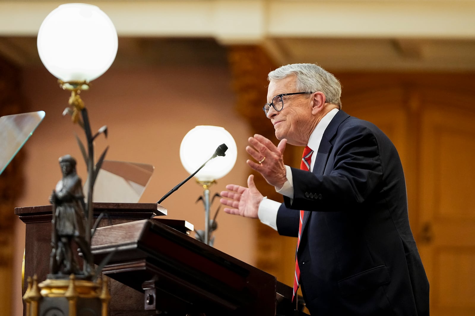 Ohio Gov. Mike DeWine delivers the final State of the State address of his second term at the Ohio Statehouse in Columbus on March 10, 2026.