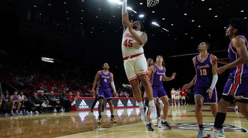 Miami's Anderson Mirambeaux scores against Evansville earlier this season. Mirambeaux scored 22 points Tuesday as Miami beat Western Michigan to snap a seven-game losing streak. Shelby Wright/Miami Athletics