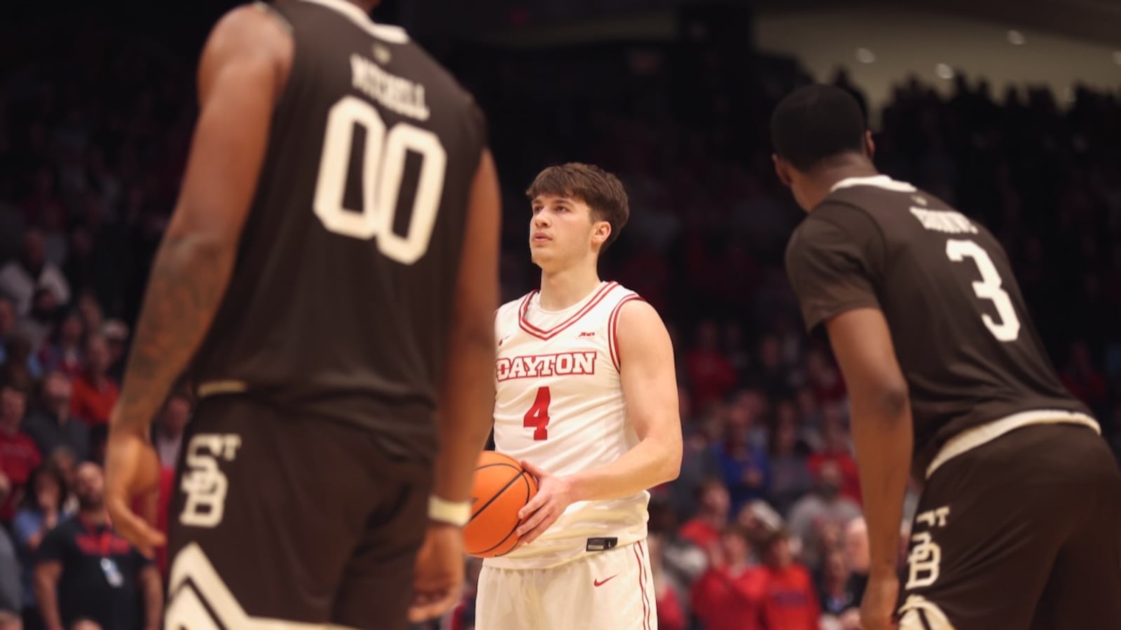 Dayton's Jordan Derkack prepares to shoot a free throw in the final seconds against St. Bonaventure on Tuesday, Feb. 3, 2026, at UD Arena. David Jablonski/Staff
