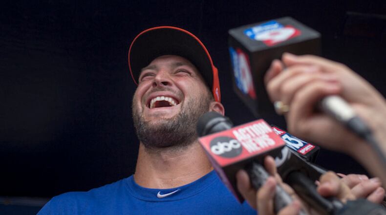 Tim Tebow answers questions for the media during a press conference at Steinbrenner Field in 2017. ( Charlie Kaijo/Tampa Bay Times/ZUMA Wire/TNS)