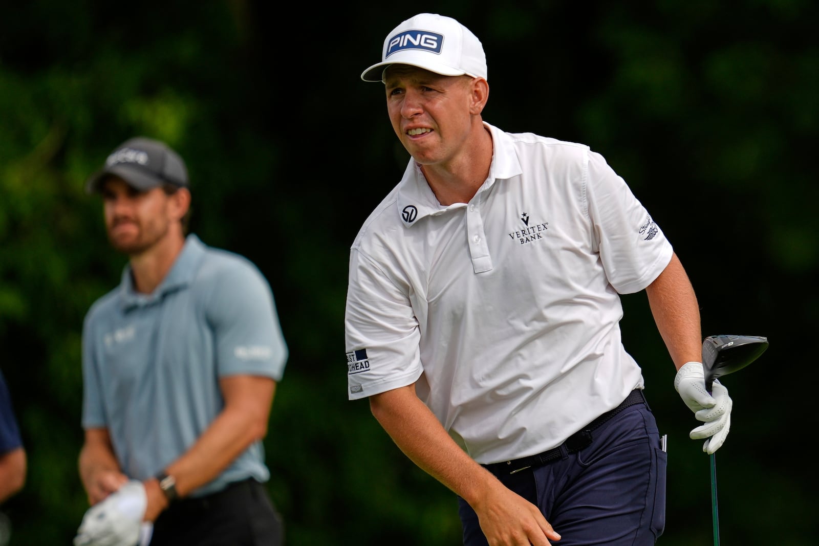 Sam Stevens watches his tee shot on the 11th hole during the first round of the 3M Open golf tournament at the Tournament Players Club Thursday, July 24, 2025, in Blaine, Minn. (AP Photo/Abbie Parr)
