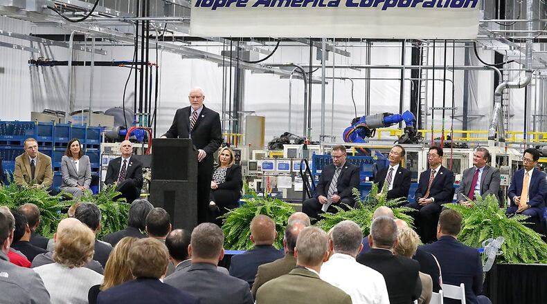 Brad Pepper, vice president of Topre America Corp., speaks during the grand opening of the company’s new plant in Springfield in November. Bill Lackey/Staff