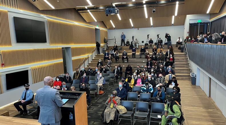Dayton Mayor Jeffrey Mims Jr. gives his first State of the City address Wednesday morning at the Dayton Metro Library main facility. CORNELIUS FROLIK / STAFF