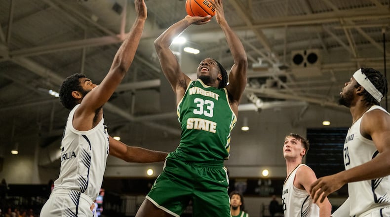 Wright State's Michael Imariagbe puts up a shot in traffic against Oakland last week. Wright State Athletics photo