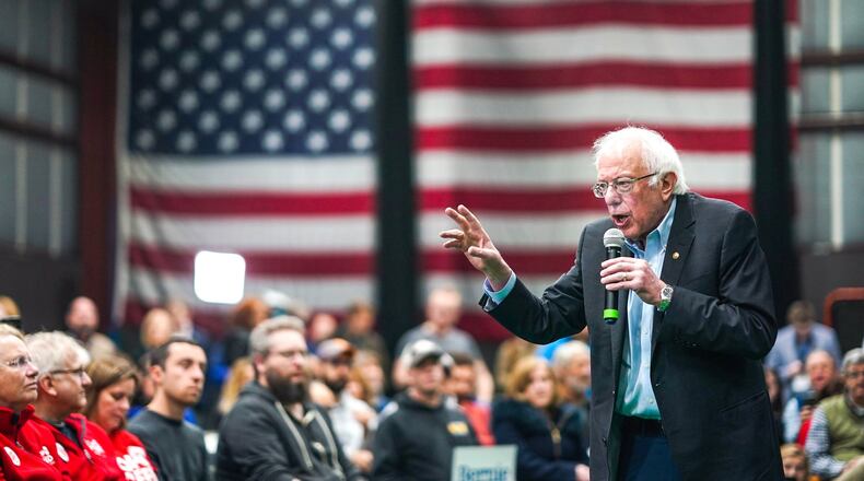 Sen. Bernie Sanders (I-Vt.), a candidate for the Democratic nomination for president, speaks at a campaign rally at Ultimate Sports Academy in Manchester, N.H. on Monday, Feb. 10, 2020. Sanders, and Pete Buttigieg offered starkly different messages as they vied for dominance in the first primary state in the election calendar, and now, as the polling leaders, they are aggressively escalating their rivalry, using the other as a foil to press their divergent cases for the presidency.(Chang W. Lee/The New York Times)