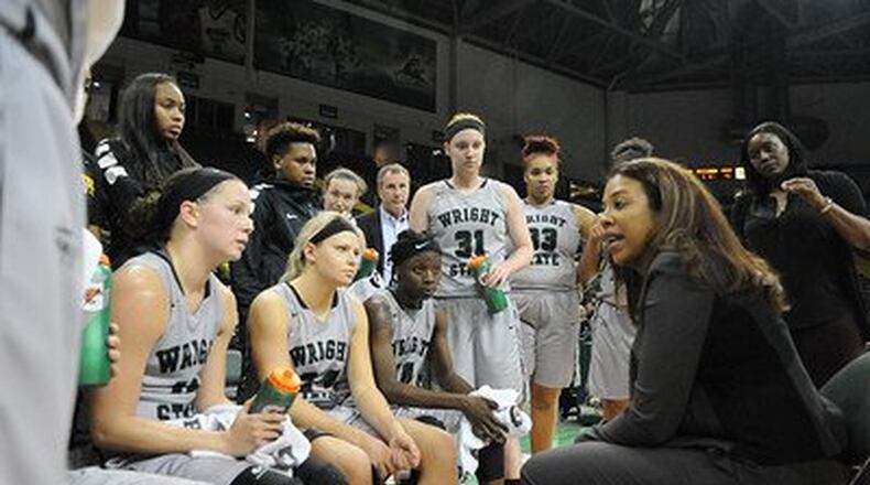 Katrina Merriweather talks to some of her players during Sunday’s game vs. Oakland at the Nutter Center. Tim Zechar/Contributed photo