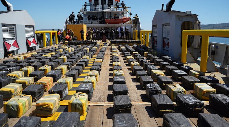 Drugs seized by El Salvador's Navy are displayed during a press conference in Puerto la Union, El Salvador, Thursday, Feb. 19, 2026. (AP Photo/Salvador Melendez)