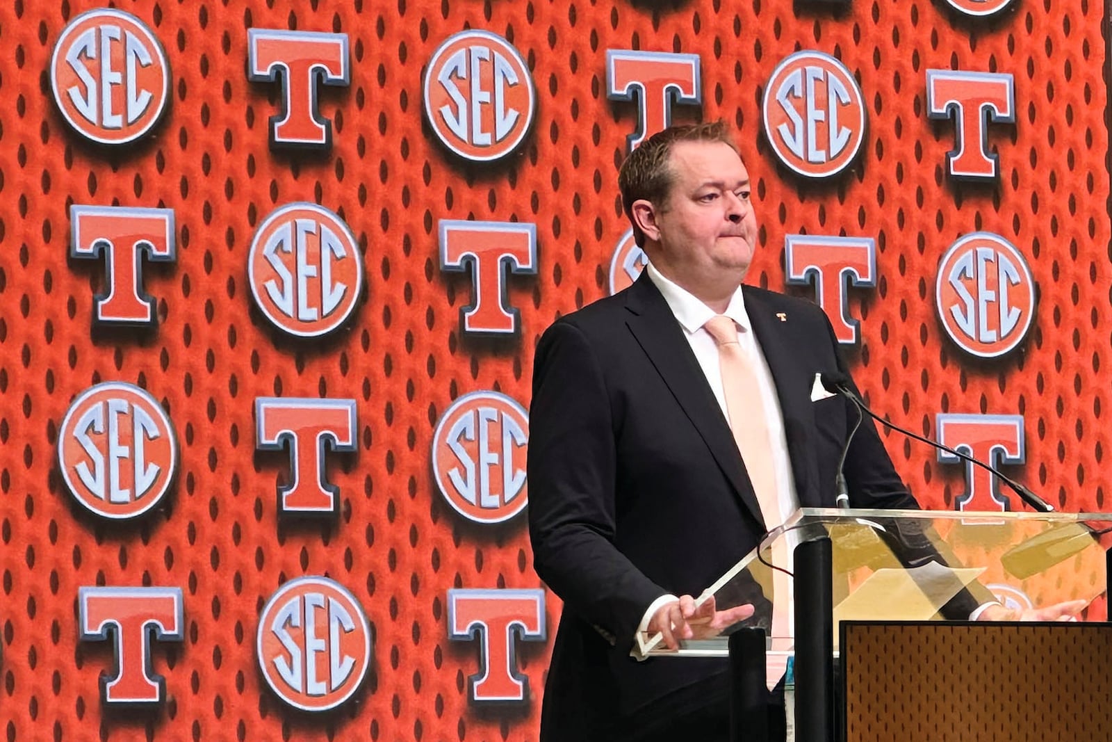 Tennessee head coach Josh Heupel speaks during the Southeastern Conference NCAA college football media days, Tuesday, July 15, 2025, in Atlanta, GA. (Hunter Dawkins/The Gazebo Gazette via AP)