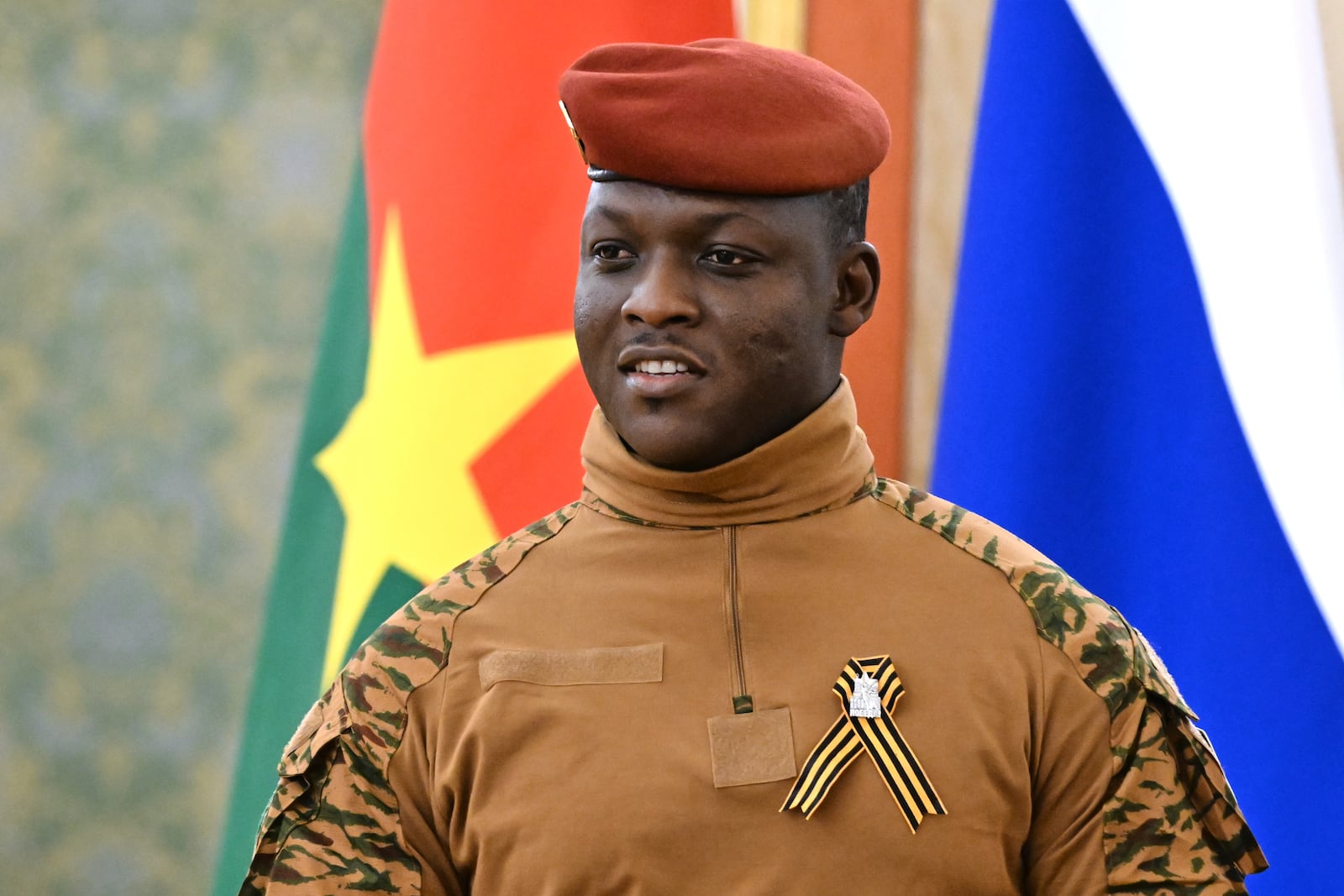 Burkina Faso President Ibrahim Traore arrives to meet Russian President Vladimir Putin in the Grand Palace at the Kremlin in Moscow, Russia, Thursday, on Saturday, May 10, 2025. (Stanislav Krasilnikov/RIA Novosti via AP)