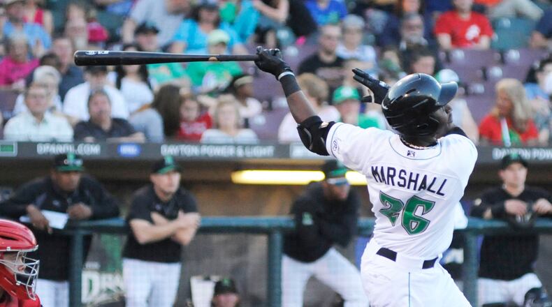 Dragons DH Montrell Marshall. Peoria defeated Dayton 5-2 at Fifth Third Field on Thu., May 10, 2018. MARC PENDLETON / STAFF