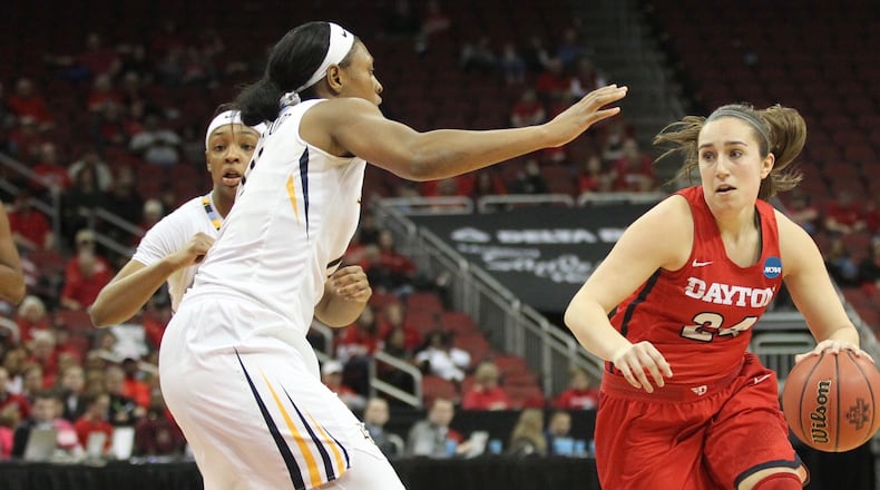 Dayton’s Lauren Cannatelli dribbles against Marquette on Friday, March 16, 2018, at the KFC Yum! Center in Louisville, Ky. David Jablonski/Staff