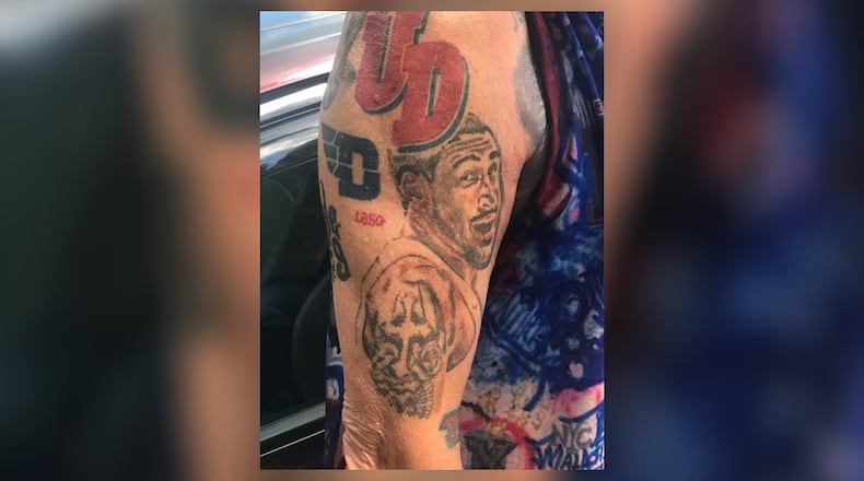 Mark Haufe's tattoo of Obi Toppin, the beloved, high-flying star of the Dayton Flyers 29-2 team three years ago who became the consensus National Player of the Year in 2020 and became a first round draft pick of the New York Knicks, where he’s now a crowd-favorite stand out. Tom Archdeacon photo