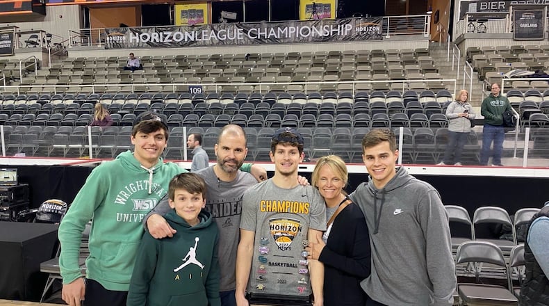 The Norris family after the Horizon League championship game on Tuesday night. From left: Cade, Kypton, Brett, Keaton, Carrie and Braden. CONTRIBUTED