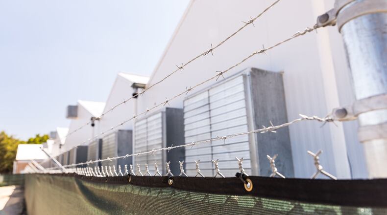 Barred wire encloses a Knox medical marijuana cultivation facility in Florida.