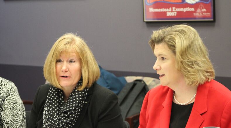 Dayton City Manager Shelley Dickstein and Mayor Nan Whaley at a recent tax incentive review meeting. CORNELIUS FROLIK / STAFF