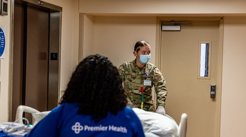 Members of the Ohio National Guard are helping at Miami Valley Hospital in Dayton as Ohio experiences staffing shortages at hospitals across the state during the COVID-19 pandemic. Guard members arrived on Dec. 30, 2021, for orientation and have been assisting with food service, environmental services, patient transport and other non-clinical jobs. The National Guard is also helping with Premier Health’s COVID testing site located across from MVH on Main Street. Photo courtesy Premier Health