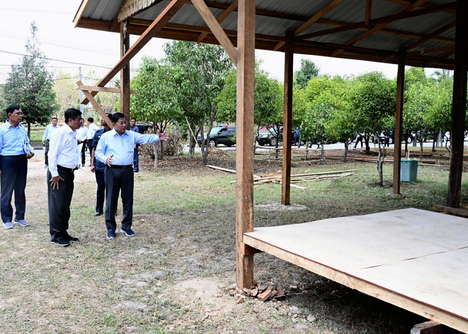 In this photo provided by Myanmar Military True News Information Team on April 18, 2025, Myanmar military chief Senior Gen. Min Aung Hlaing, third from left, inspects construction site for temporary government office in Naypyitaw, Myanmar, the country's capital. (Myanmar Military True News Information Team via AP)