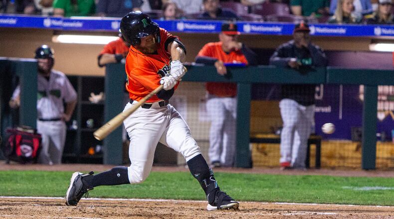 Dayton's Blake Dunn swings against Great Lakes on April 14, 2023. CONTRIBUTED/Jeff Gilbert