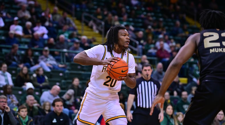 Wright State's Andrea Holden looks to make a pass vs. Oakland at the Nutter Center on Jan. 9, 2025. Joe Craven/Wright State Athletics photo