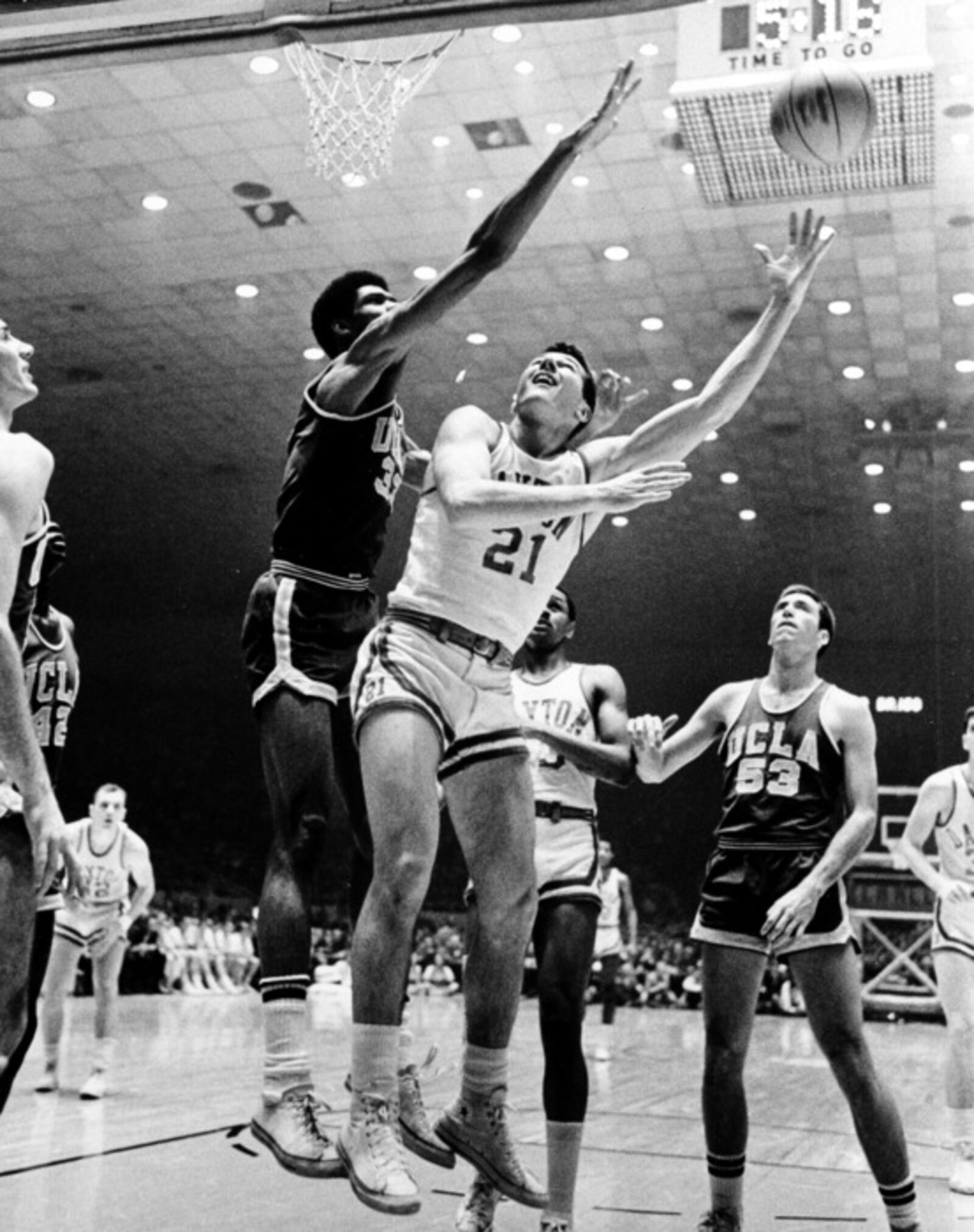 Dayton’s Don May puts up a shot in the 1967 national championship game vs. UCLA’s Lew Alcindor. FILE PHOTO