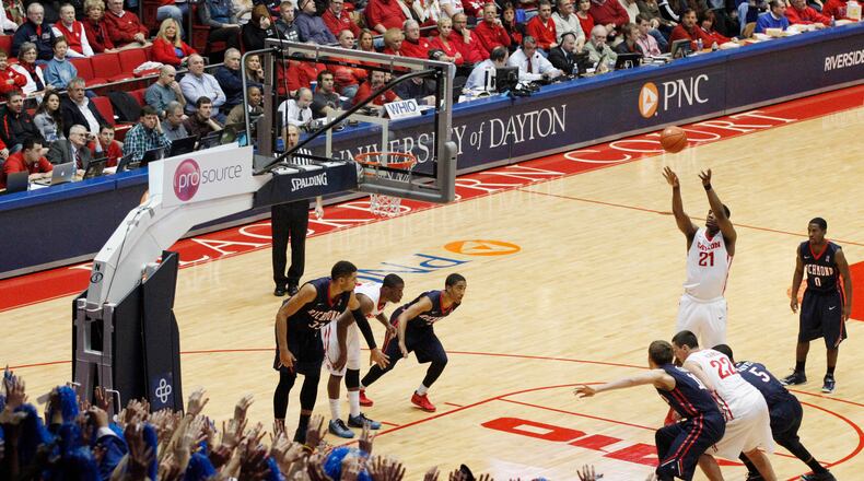 Dayton forward Dyshawn Pierre shoots a free throw against Richmond on Saturday, Jan. 24, 2015, at UD Arena. David Jablonski/StaffDavid Jablonski/Staff