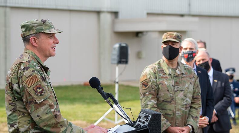Col. Maurizio Calabrese, National Air and Space Intelligence Center commander, speaks at the NASIC Intelligence Production Complex III groundbreaking ceremony Nov. 5 on Wright-Patterson Air Force Base. Calabrese’s organization is the service intelligence center for the U.S. Air Force and U.S. Space Command. U.S. AIR FORCE PHOTO/R.J. ORIEZ
