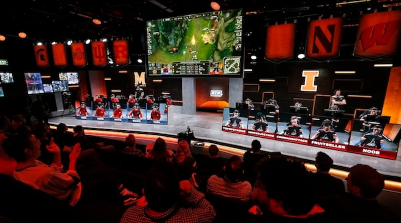 The audience watches a match between the University of Maryland, left, and the University of Illinois in the Big Ten Network "League of Legends" championship in the Battle Theater at North American League Championship Arena at Riot Games on March 28, 2017 in Los Angeles. Maryland won the best of five contest by a score of 3-0. (Mel Melcon/Los Angeles Times/TNS)