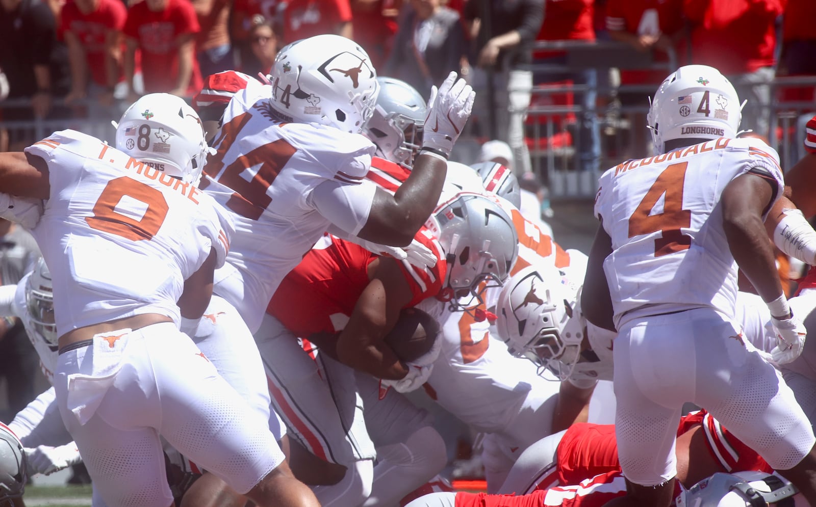 Ohio State's CJ Donaldson runs for a touchdown in the first quarter against Texas on Saturday, Aug. 30, 2025, at Ohio Stadium in Columbus. David Jablonski/Staff