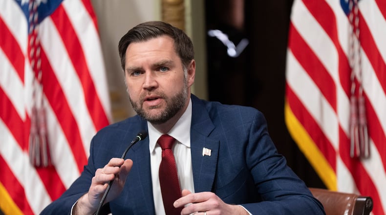 Vice President JD Vance, chair of the newly formed Task Force to Eliminate Fraud, speaks during the task force's first meeting in the Indian Treaty Room at the Eisenhower Executive Office Building on the White House complex in Washington, Friday, March 27, 2026. (AP Photo/Manuel Balce Ceneta)