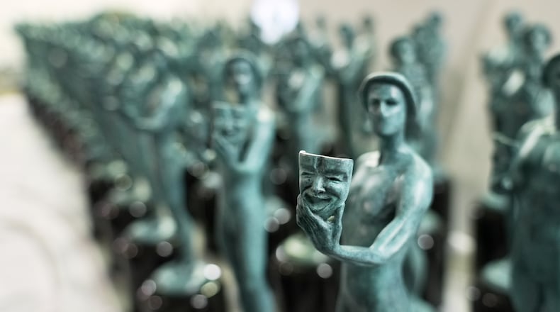 Finished Actor statuettes are displayed during the 32nd Actor Awards statuette pouring event presented by SAG-AFTRA on Thursday, Feb. 5, 2026, at American Fine Arts Foundry in Burbank, Calif. (AP Photo/Chris Pizzello)