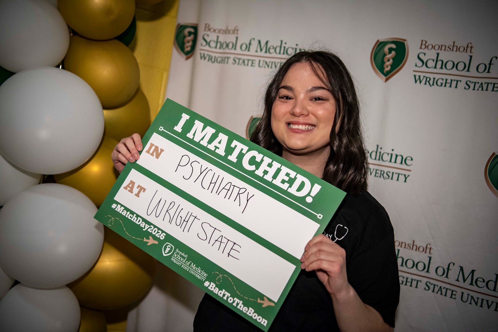 Medical student Lara Shaker celebrates getting placed in a psychiatry residency at Wright State University Boonshoft School of Medicine at the school's Match Day event on Friday, March 20, 2026. COURTESY OF WRIGHT STATE UNIVERSITY