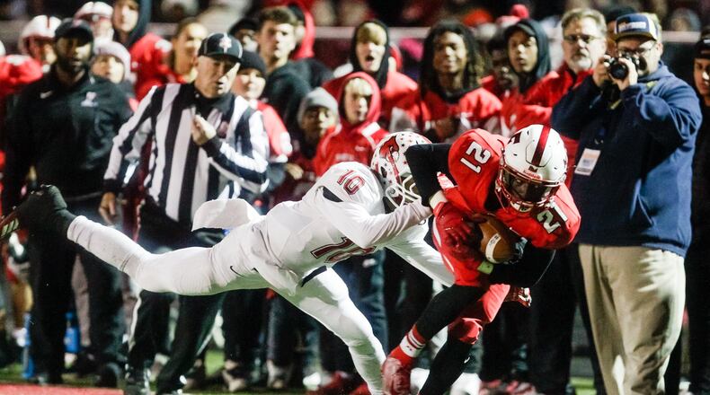 Fairfield’s Dashaun Simpkins is taken down by Colerain’s Sean Williamson during their football game Friday, Nov. 1, 2019 at Fairfield Stadium. Colerain put an end to Fairfield’s undefeated season with a 16-10 overtime win. Fairfield ended the regular season 9-1. NICK GRAHAM/STAFF