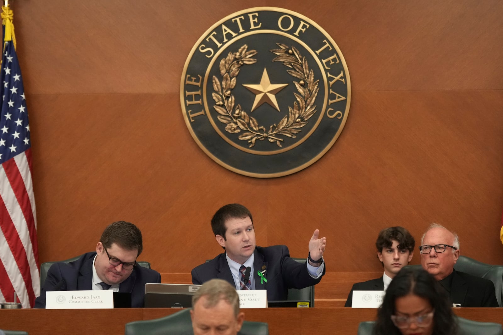Texas state Rep. Cody Thane Vasut, center, oversees a hearing on redistricting at the Texas Capitol, Thursday, July 24, 2025, in Austin, Texas. (AP Photo/Eric Gay)