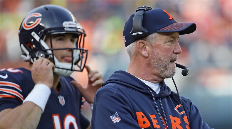 CHICAGO, IL - DECEMBER 03: Head coach John Fox of the Chicago Bears is seen on the sidleines as Mitchell Trubisky #10 moves to the field at Soldier Field on December 3, 2017 in Chicago, Illinois. The 49ers defetaed the Bears 15-14. (Photo by Jonathan Daniel/Getty Images)