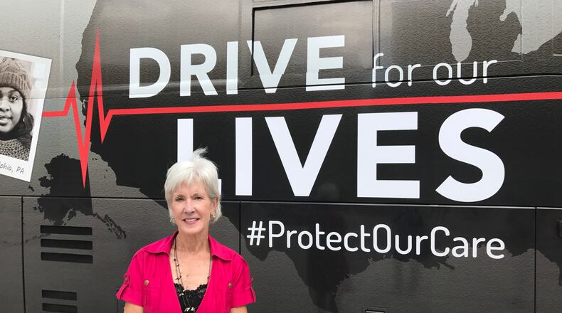 Former U.S. Health and Human Services Secretary Kathleen Sebelius stopped in Dayton as part of the “Save My Care” bus tour.