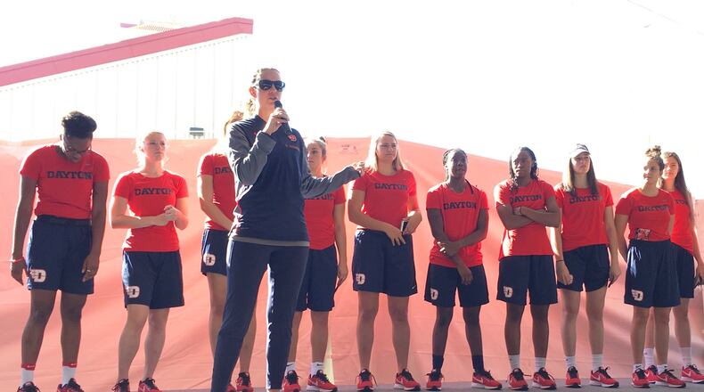 Dayton’s Shauna Green speaks during a basketball fan fest event on Saturday, Oct. 14, 2017, at Welcome Stadium in Dayton. David Jablonski/Staff