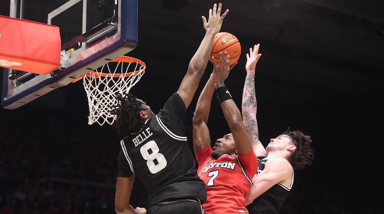 Dayton's Keonte Jones drives to the basket in the first half against Virginia Commonwealth on Friday, March 6, 2026, at UD Arena. David Jablonski/Staff