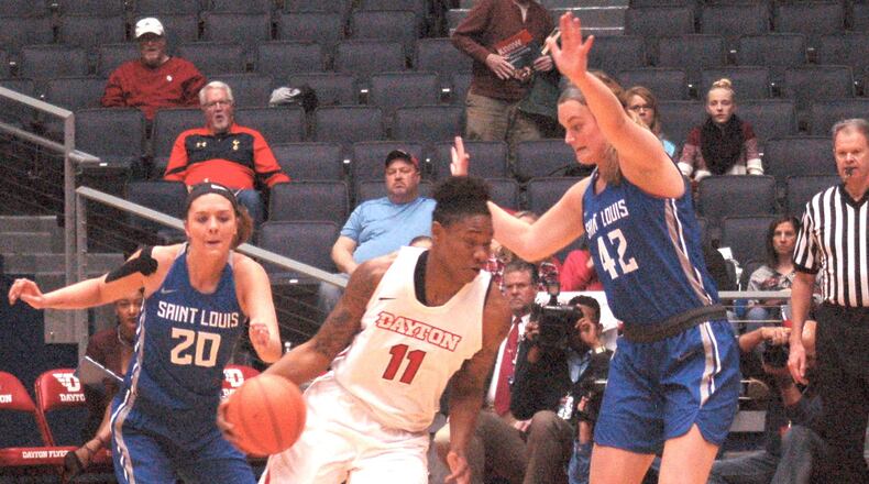 Dayton’s Alex Harris makes a move on St. Louis’ Maddison Gits during the first half Sunday. John Cummings/CONTRIBUTED