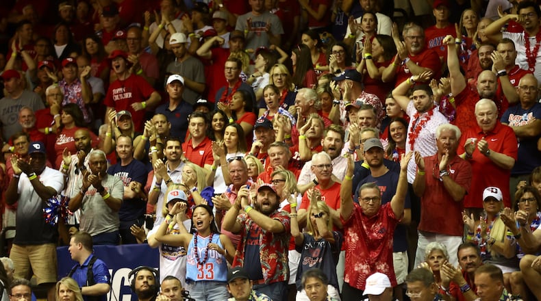 Dayton fans cheer during a game against North Carolina in the first round of the Maui Invitational on Monday, Nov. 25, 2024, at the Lahaina Civic Center. David Jablonski/Staff