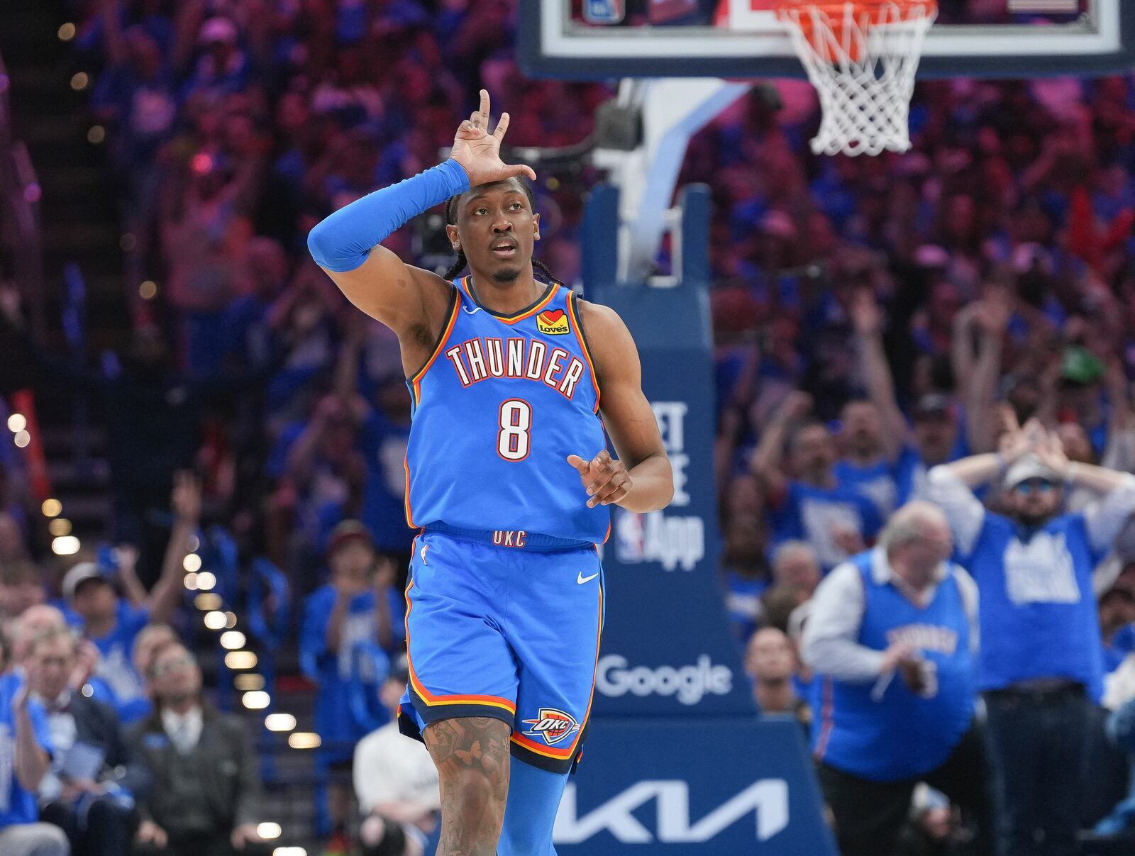 Oklahoma City Thunder forward Jalen Williams celebrates during the first half in Game 1 of an NBA first-round playoff series against the Memphis Grizzlies, Tuesday, April 22, 2025, in Oklahoma City. (AP Photo/Kyle Phillips)