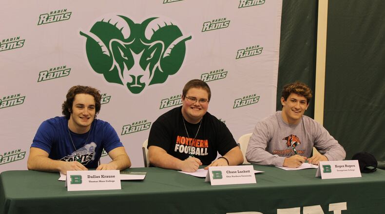 Three Badin High School football players made their collegiate commitments official this week. They were (from left) Dallas Krause (Thomas More), Chase Luckett (Ohio Northern) and Kegen Rogers (Georgetown). SUBMITTED PHOTO