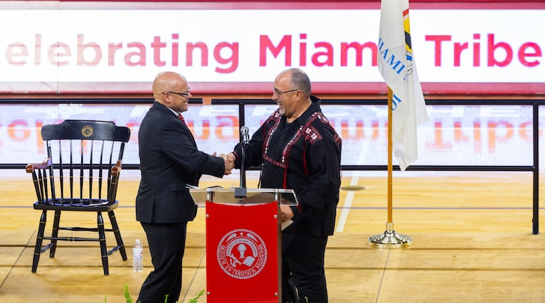 There are actually two Miamis – the university and the Native American tribe it’s named after – and their leaders joined together this week to celebrate their unique relationship of half a century. Miami University President Gregory Crawford (left) and Miami Tribe of Oklahoma Chief Douglas Lankford headlined “The Two Miamis: 50th Anniversary Celebration” at Millett Hall spotlighting historical and current-day ties. (Provided Photo\Journal-News)