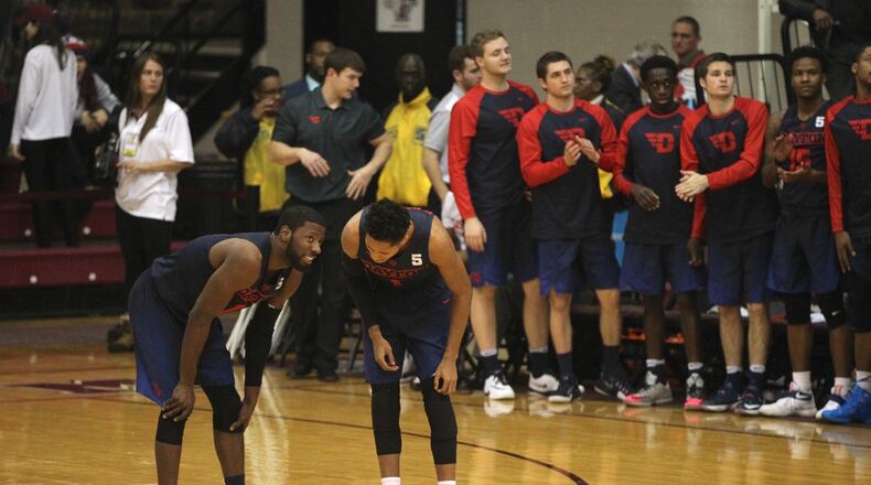 Scoochie Smith and Darrell Davis talk during a game against Fordham on Jan. 31, 2017, at Rose Hill Gym in Bronx, N.Y.