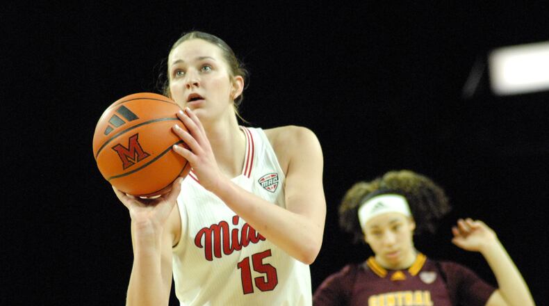 Miami's Amber Tretter (15) eyes the hoop during a free throw attempt against Central Michigan on Wednesday night at Millett Hall. Chris Vogt/CONTRIBUTED