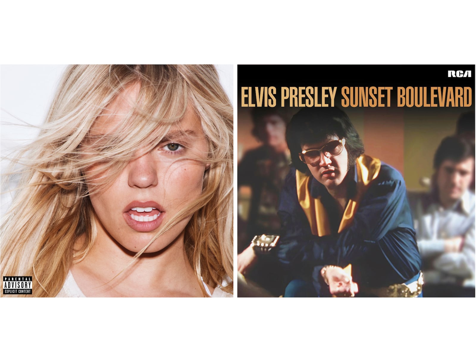 This combination of album covers shows “Bite Me” by Rebee Rapp, left, and "Sunset Boulevard" by Elvis. (Interscope via AP, left, and RCA via AP)