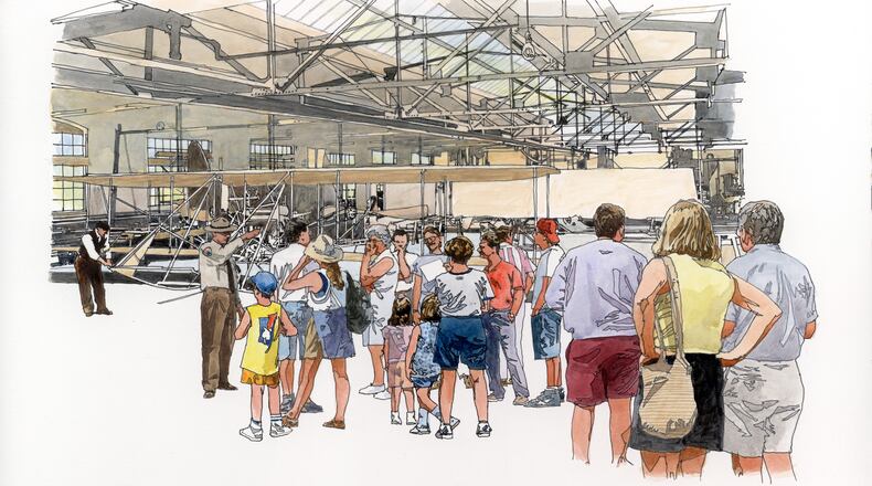 An artist’s rendering of the Wright Co. factory restored as a national park unit. In this interior view a ranger guides visitors as re-enactors build a Wright Model B airplane. Image courtesy of the National Aviation Heritage Alliance.
