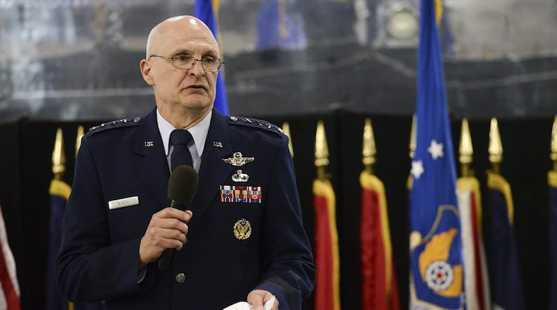 U.S. Air Force Gen. Arnold W. Bunch Jr., Air Force Materiel Command commander, provides remarks during the AFMC assumption of command ceremony inside the National Museum of the U.S. Air Force May 31. AFMC manages the research, development, acquisition, test and logistics services that keep Air Force weapon systems and warfighters ready for combat. (U.S. Air Force photo/Wesley Farnsworth)